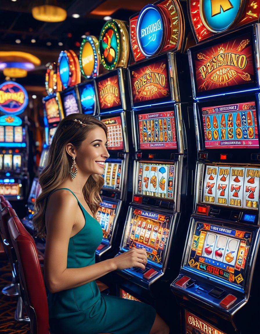 A vibrant casino scene showcasing a variety of colorful penny slot machines with enticing lights and themes. Feature a player excitedly pulling the lever, with coins spilling from a nearby machine, symbolizing success and strategy. Include playful elements like a roadmap or strategy guide floating in the background, illustrating the journey from budget bets to big wins. Bright, engaging colors and dynamic compositions to capture the thrill of the casino experience. super-realistic. vibrant colors. 3D.