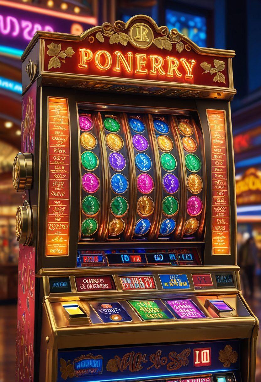 A vibrant, close-up image of a colorful penny slot machine with glimmering coins spilling out, revealing hidden treasures. The background features a blurred casino atmosphere with neon lights and excited players celebrating their wins. Include symbols of luck like four-leaf clovers and golden horseshoes for a touch of charm. A sense of mystery and excitement should envelop the scene, inviting viewers to explore the secrets of winning. super-realistic. vibrant colors. neon lighting.